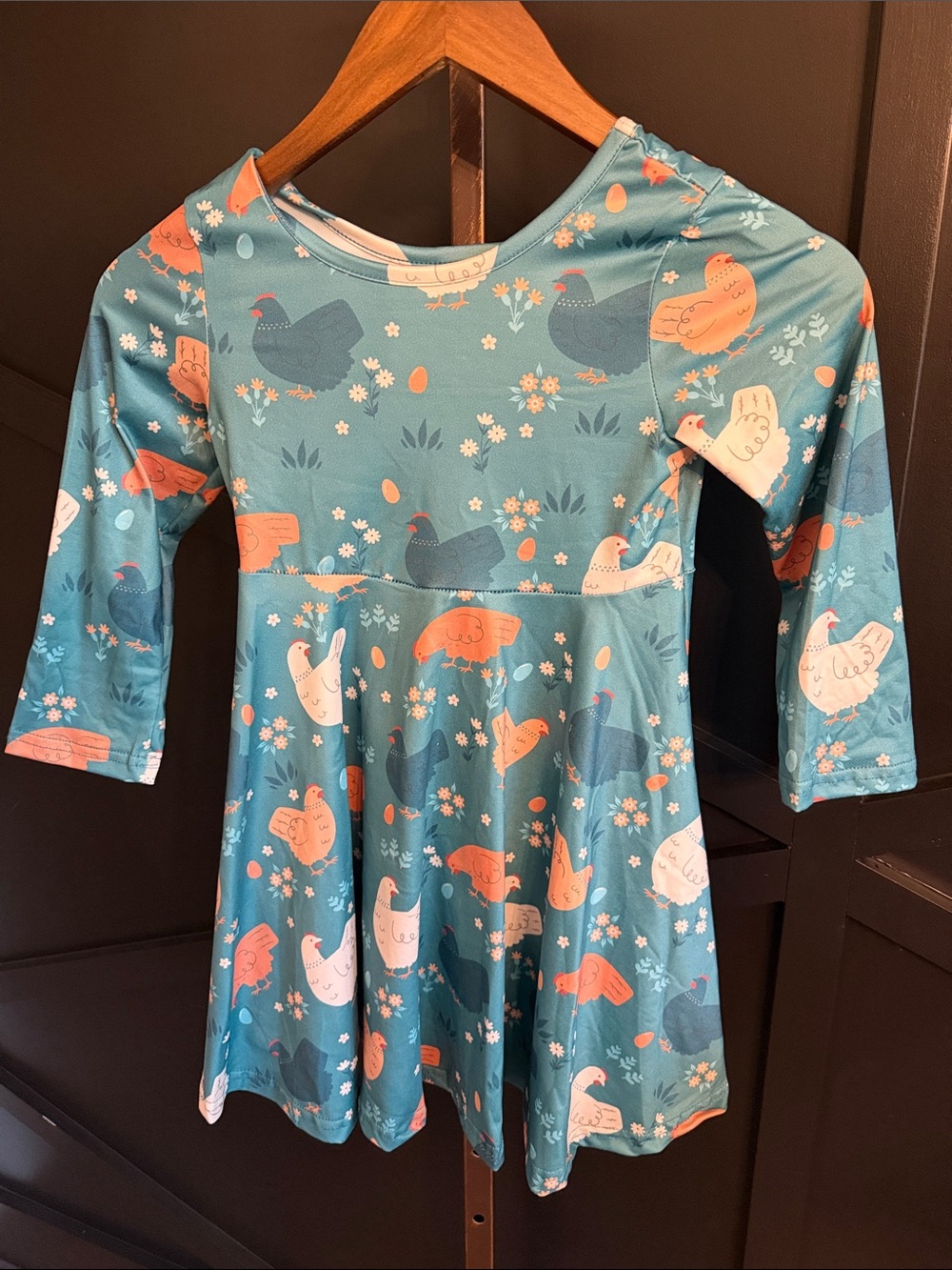 Girls' Teal Hen Print Twirl Dress